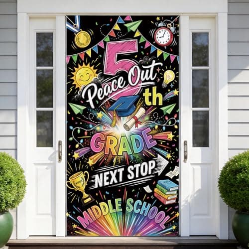 Lednica 5th Grade Graduation Door Banner Decorations, 71x35'' Peace Out 5th Grade, Next Stop Middle School Front Door Cover, Elementary School Graduation Party Supplies & Photo Props - Image 1