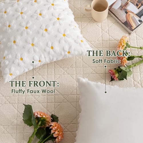 KIDHABE Spring Summer Pillow Covers 18x18 inch, Set of 2 Soft Faux Fur Jacquard Cream White Daisy Throw Pillow Cases for Sofa Couch Holiday Spring Home Decor - Thumbnail 4