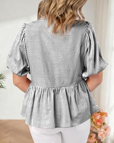 dowerme Womens Summer Tops 2026 Fashion Lantern Short Sleeve V Neck Button Peplum Shirts Spring Stripes Babydoll Blouses(Black,XX-Large) - Thumbnail 5