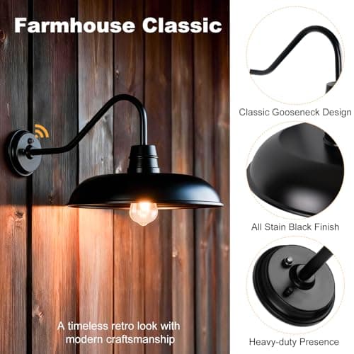16 Inch Dusk to Dawn Gooseneck Barn Light, 2-Pack Extra Large Farmhouse Porch Lamps, Industrial Vintage Anti-Rust Stain Black Wall Mount Outdoor Fixture with Photocell for Exterior Courtyard Barn Shed - Thumbnail 4