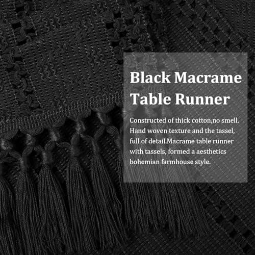 yuboo Black Table Runner 36 Inches, Small Boho Macrame Coffee Bar Mat, Modern Farmhouse Dresser Scarf with Tassels, Short Runner for Nightstand, Shoe Cabinet, Industrial Home Decor - Thumbnail 2