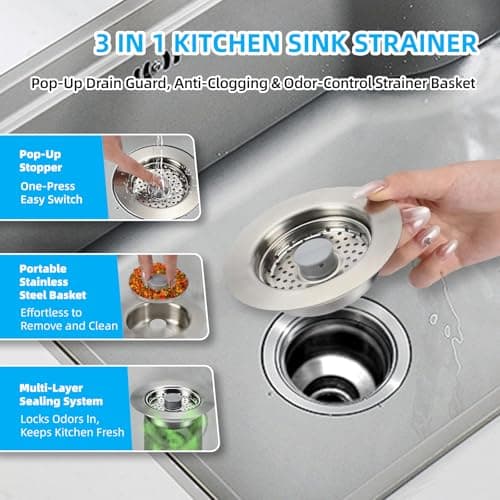 Sink Drain Strainer - Kitchen Sink Stopper, 3 In 1 Kitchen Sink Drain Strainer with Anti-Clogging Basket, Fit US Standard 3-1/2'' Sink Hole - Thumbnail 3