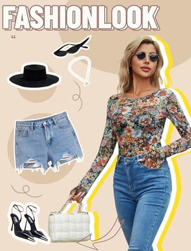 Avidlove Floral Mesh Top Mesh Shirt Women Long Sleeve Blouses for Women Rave Top Going Out Outfits Colorful Floral M - Thumbnail 5