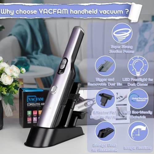 Handheld Vacuum Cordless, Car Vacuum Cleaner 18KPa High-Power Suction, Portable Hand Vac with Washable HEPA, LED Light,Storage Dock, Dust Buster for Office Home Desk, Pet Brush for Pet Hair,Rose Gold - Thumbnail 2