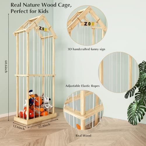 Eniffbaa Stuffed Animal Storage Zoo, 60.6" Tall Solid Pine Toy Storage Organizer, Reinforced Wooden Base & House Shape Plushie Holder Cage, Large 3D Plaque for Nursery Bedroom Playroom Decor (Natural) - Thumbnail 4