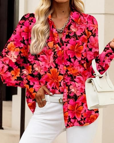 BTFBM Summer Blouses for Women Dressy Casual 2026 Long Sleeve Button Down Shirt V Neck Boho Spring Tops Fashion Clothing(Floral Red, XX-Large) - Thumbnail 5