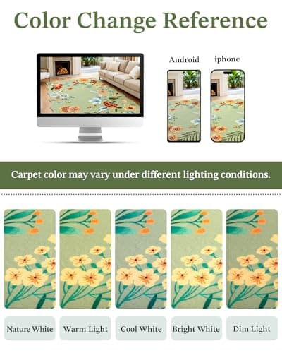 Carvapet 5x7 Scalloped Area Rug, Washable Floral Botanical Low Pile Boho Rugs for Living Room Bedroom Nursery, Non Slip Soft Stain Resistant, Green Indoor Carpet - Thumbnail 5
