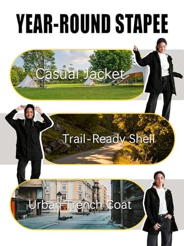 PITINAN Raincoat For Womens With Hood Lined Windbreaker Ladies Long Rain Jacket Women Waterproof With Snap Pockets Rain Trench Coat Spring Winter Travel Jacket Coats For Women Black M - Thumbnail 6