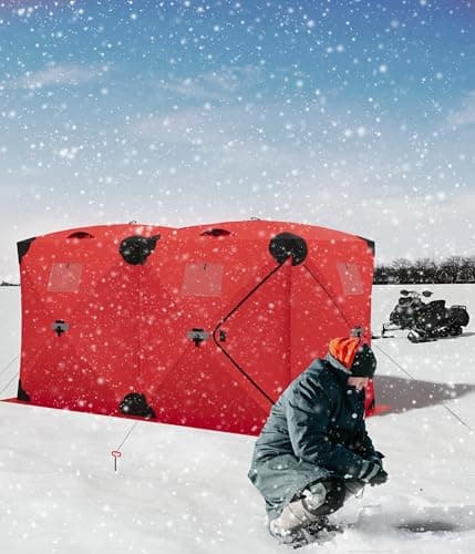 Portable Pop Up Ice Fishing Shelter 140"x70"x79" Ice Fishing Tent Insulated Hub-Style Shelter with Waterproof Oxford Fabric, Includes Anchors, Ropes & Carry Bag for 2 to 4 Persons, Red - Image 1
