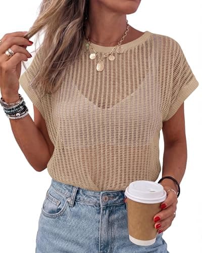 KIRUNDO Crochet Tops for Women 2026 Summer Beach Vacation Clothes Cover Up Mesh Top Lightweight Sweater Cruise Resort Wear(Apricot, XX-Large) - Image 1
