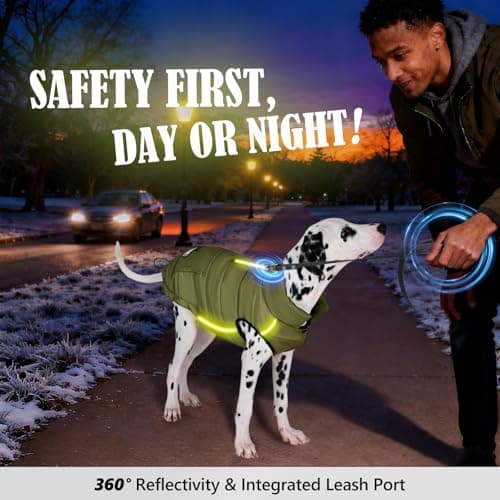 Dog Winter Puffer Jacket Waterproof, Reflective Furry Fleece Lined Dog Coats for Small Medium Dogs, Warm Snow Coat, Insulated Cold Weather Dogs Vest Jackets with Leash Hole, Olive - Thumbnail 6