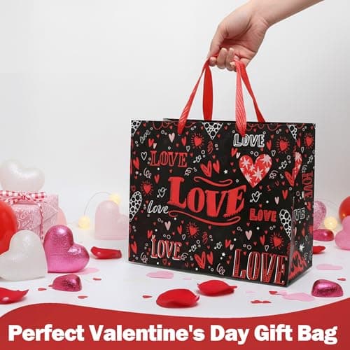 Love Black Gift Bag Card - 10"H x 12"L Love-Themed Gift Bag with Ribbon Handle 3 Red Tissue Papers Folding Card Black Envelope Romantic Gift Wrapping for Anniversary Date Night Wedding for Wife Best Friends Family Mother Birthday - Thumbnail 2