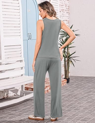 Totatuit Women 2 Piece Sets Casual Lounge Matching Sets Crew Neck Vest Long Pants with Pockets Travel Beachwear Outfits - Thumbnail 3