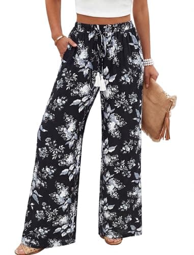 LOOKBOHO Women's Pants Drawstring Casual Palazzo Trousers with Pockets Loose High Waisted Wide Leg Pants with Pockets Black White Floral L - Image 1
