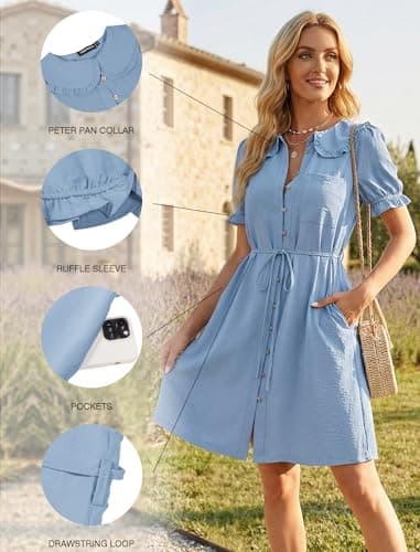 Theenkoln Womens Button Down Mini Dress:Oversized Peter Pan Collar Short Sleeve Flowy Baby Doll Dresses with Belt Light Blue S - Thumbnail 4
