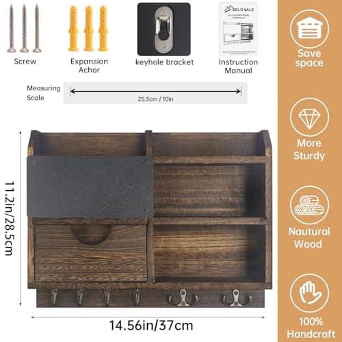 Key Holder Wall Mount, 14.5x11.2x3.5'' Larger 3-Tier Shelf 8 Hooks Drawer Storage,Wooden Key and Mail Holder for Wall,Farmhouse,Home,Living Room,House,Office Decor,Hats,Bag,Dog Leash Hanger Organizer - Thumbnail 2