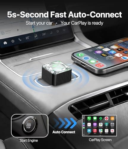 2026 Wireless CarPlay Adapter for iPhone, Premium Glass Finish Design, 5s Auto-Connect, Mini Wireless CarPlay Dongle Compatible with Apple CarPlay, Plug & Play for Factory Wired Cars, Low Latency - Thumbnail 3