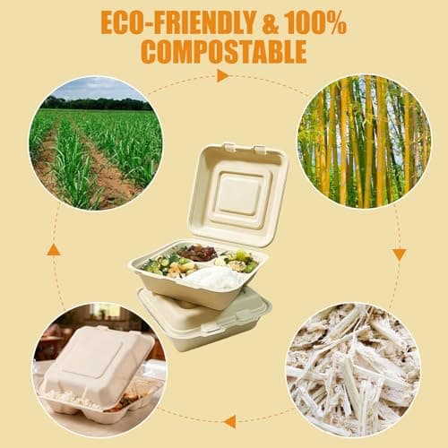 Clamshell Take Out Food Containers - 9x8 Inch Takeout Lunch Box Containers To Go Take Out Clamshell for Food, leftover containers with lids,Disposable Eco-Friendly Biodegradable, PFAS-Free (100) - Thumbnail 3