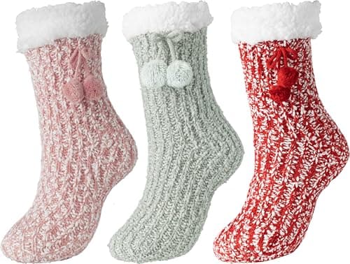 BenSorts Winter Thick Fuzzy Slipper Socks for Women Christmas Warm Cozy Grip Female Socks Slipper Non Slip Cute Wife House Sherpa Socks Holiday Gift Pink Red Grey 3 Pairs - Image 1