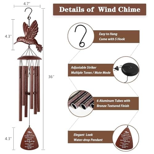 VENBEEL Mom Memorial Wind Chimes, Hummingbird Sympathy Gifts for Loss of Mom, Memorial Gifts for Mother Bereavement Condolence Remembrance - Thumbnail 6