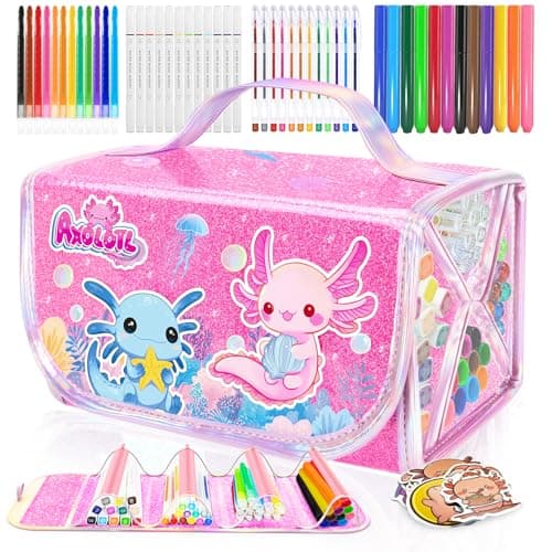 Axolotl Arts and Crafts for Girls Ages 4-5-6-7-8, 70 PCS Art Supplies Set with Kawaii 3D Pink Pencil Case, Washable Dual Markers, Scented Gel Pens, Twist-up Crayons & Axolotl Stickers, Birthday Gift