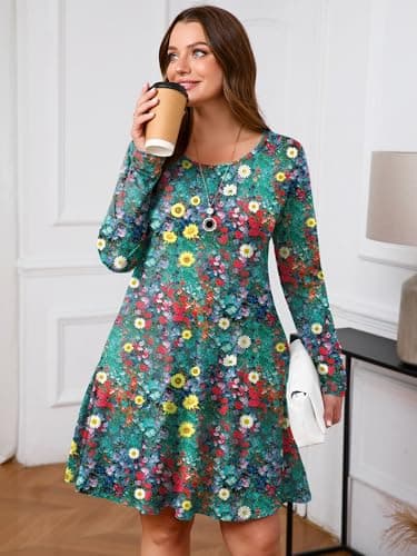 AusLook Plus Long Sleeve Dress for Women 2025 Fall Winter Casual Flowy A-Line Boho Midi Party Vacation Maternity Wedding Guest Work Oil Paint Petals 5X Dresses with Pockets - Thumbnail 3