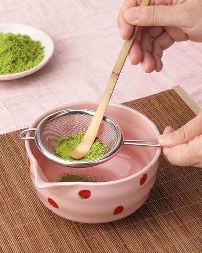 Joiish Strawberry Matcha Whisk Set, Cute Strawberry Pattern Matcha Kit, 5-PC Complete Ceremony Tea Set Gift for Women | Ceramic Bowl with Spout, Bamboo Whisk, Holder, Sifter, Scoop | Pink - Thumbnail 3