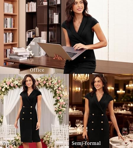 GRACE KARIN Work Dresses for Women 2025 Cap Sleeve Business Formal Midi Bodycon Button Office Church Outfits with Pocket Black 12 - Thumbnail 5