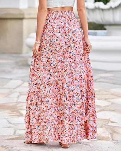 BTFBM Skirts for Women Summer Flowy A-Line Floral Boho Maxi Skirt Long Wedding Guest Dresses Spring Outfits 2026(Floral Pink,X-Large) - Thumbnail 5