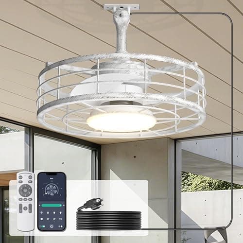 Phylluz Outdoor Ceiling Fan with Lights - 16'' Antique White Distressed Wet Rated Gazebo Fan Remote/APP Control, Caged Hanging Fan Plug and Play for Covered Patio Porch - Image 1