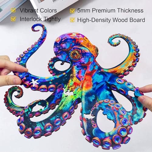 Wooden Puzzle for Adults, Colorful Octopus Jigsaw Puzzle for Adults 200 Piece, Unique Ocean Animal Shaped Wooden Puzzles, Challenging Cyber Octopus Wooden Jigsaw Puzzle for Kids Family Game 11 * 11in - Thumbnail 6