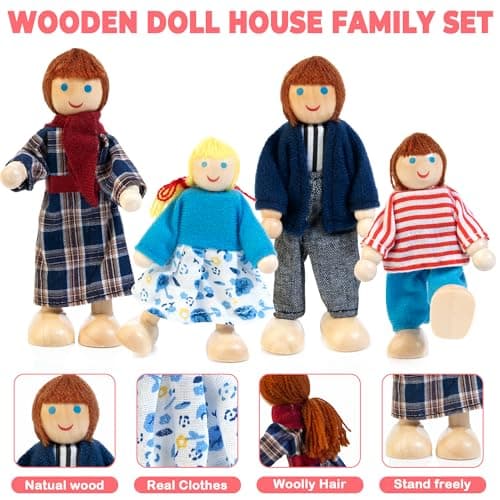 Kizfarm Wooden Dollhouse Furniture Set with 4 Family Dolls, 26 Pcs Pretend Play Dollhouse Accessories for 4 Rooms, Pink Furniture Toys Birthday Gifts for Girls Boys Age 3+ - Thumbnail 2