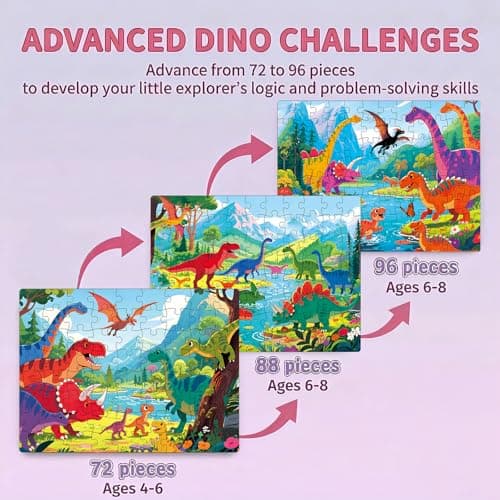 NurtureNook Dinosaur Puzzles for Kids Ages 4-6 3-5, Progressive Jigsaw Puzzle Set (72, 88, 96 Pieces), 3-in-1 Educational Learning Montessori Toys for Boys & Girls, Birthday Gift with 3 Storage Boxes - Thumbnail 3