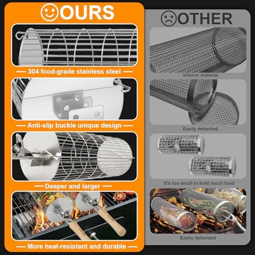 TNTOR Rolling Grill Basket, Larger 304 Stainless Steel Nesting Grilling Net, Removable Handle, BBQ Accessories Tools for Veg Shrimp, Outdoor Cooking Camping grilling gifts for men Dad Husband - Thumbnail 3