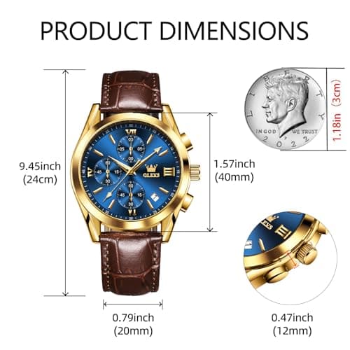 OLEVS Mens Watches Brown Leather Strap Blue Face Chronograph Wrist Luxury Casual Watches for Men Waterproof Luminous Analog Quartz Nice Men Watch Relojes para Hombres - Thumbnail 4