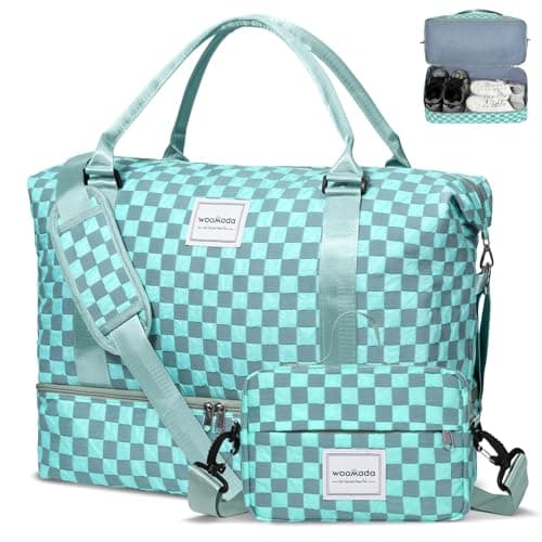 WOOMADA Weekender Overnight Bag for Women, Shoulder Travel Duffel with Shoes Compartment,Gym Bag with Toiletry Bag Large Size(turquoise checkerboard)