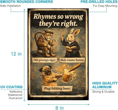 Rhymes So Wrong They're Right Metal Tin Sign, 8x12 Inch Vintage Retro Art, Funny Animal Quote Sign, Old Grumpy Tiger, Holy Easter Bunny, Pug Hitting Beer, Pre-drilled for Easy Hanging - Thumbnail 6