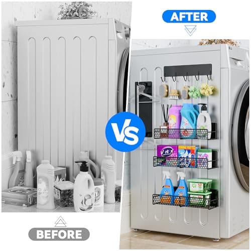 JulktLli 5 Pack Multifunctional Magnetic Shelves for Washing Machine & Refrigerator - Heavy Duty Laundry Room Organization System with Tool Hooks, Metal Storage Baskets (Black) - Thumbnail 3