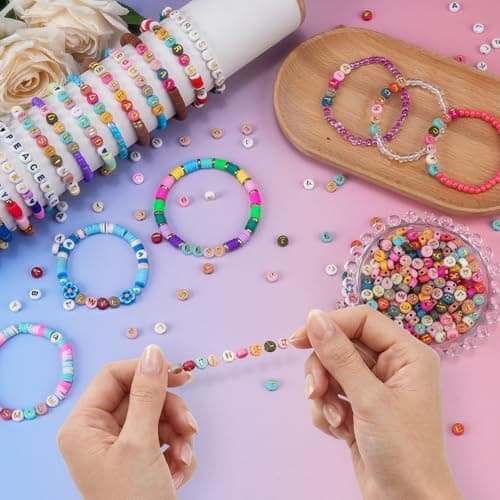 Gionlion 1200+Pcs Round Letter Beads for Bracelet Making, Acrylic Alphabet Beads for Jewelry Making, DIY Friendship Bracelets with 4x7mm Glow in The Dark Beads with Colorful Letters - Thumbnail 5