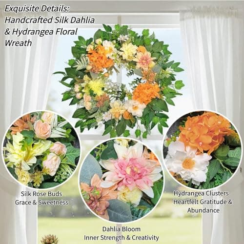24" Large Wreath for Front Door - Artificial Orange Hydrangea Peony Yellow Dahlia Wreath - Summer Floral Farmhouse Porch Decor, Sun-Kissed Welcome Sign for Wall & Window - Thumbnail 3