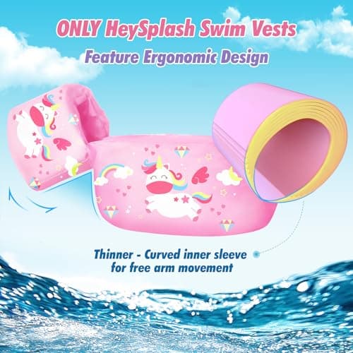 HeySplash Swim Vest for Kids, Toddler Pool Floaties Fit 22-55 Lbs, Swimming Vest with Adjustable Strap, Swim Jacket Water Wings Arm Floats, Puddle Sea Beach Boat Jumper Boys Girls, Pink Unicorn - Thumbnail 2