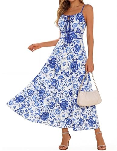 GRACE KARIN 2026 Women's Summer Maxi Floral Dress, Spaghetti Strap Tie Front Boho Sundress with Pockets, Blue Folk Flower XL - Image 1