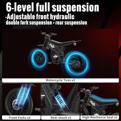 Riding'times GT73 Electric Dirt Bike for Adults, 2400W 48V 37MPH Dirt Bike, 36.4AH Dual Battery Ebike Up to 85 Miles, 25" Motorcycle Tire, UL2849 All Terrain for Mountains, Snow, Sand - Thumbnail 5