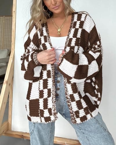 BTFBM Casual Cardigan Sweater for Women Fall 2026 Long Sleeve Open Front Chunky Knit Sweaters Checkered Outwear Coat(Brown,Large) - Thumbnail 2