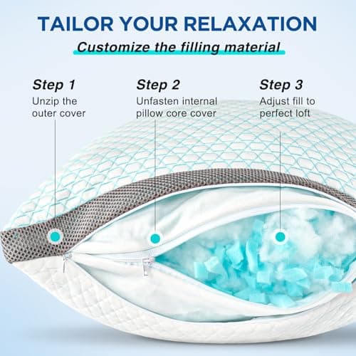 Baskbed Cooling Pillows Queen Size Set of 2, Shredded Memory Foam Pillows 2 Pack, Bed Pillow for Hot Sleepers Adjustable Firm Pillow for Side, Back and Stomach Sleepers, Machine Washable - Thumbnail 3