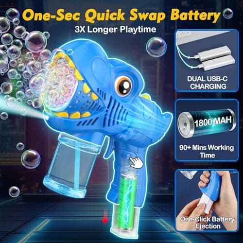 Bubble Machine Gun Kids Toys 2 Pack Rechargeable Bubble Guns with 4 Solutions Bubbles for Kids Toddlers Maker Blower Easter Basket Stuffers Dinosaur Outdoor Toys Valentines Boys Girls - Thumbnail 2