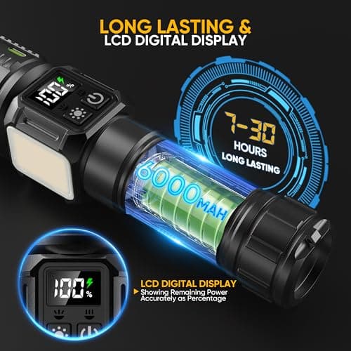 lesusnicy Rechargeable Flashlights High Lumens 100,000, Super Bright LED Flash Light Long Lasting USB C LCD Display, Dual Light Source & Buttons with Red Light, for Camping Hiking Emergency Home Gift - Thumbnail 4