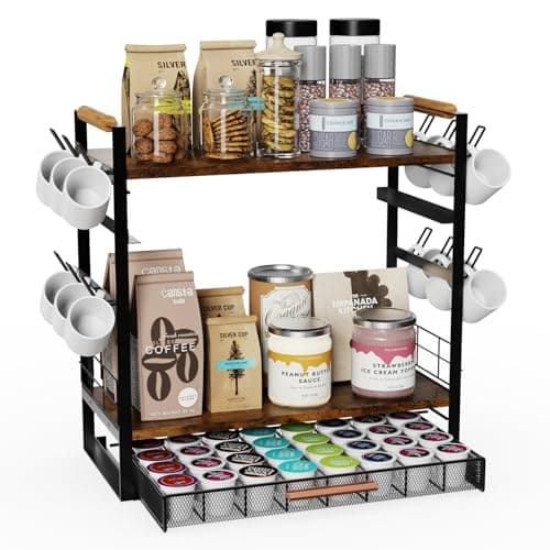 Couwilson Coffee Bar Station Organizer for Countertop - 32 Pod for K Cup Holder with Drawer and 12 Mug Holder, 3 Tier Coffee Bar Accessories (Black, 3-Tier with 1 drawer)