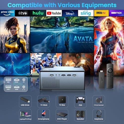 【400ANSI High Brightness】Projector with 5G WiFi and Bluetooth, Upgrade Outdoor Movie Projector 4K Supported, Max 300" Zoom, Home Theater Projector Compatible w/HDMI/USB/Phone/Laptop/TV Stick - Thumbnail 5