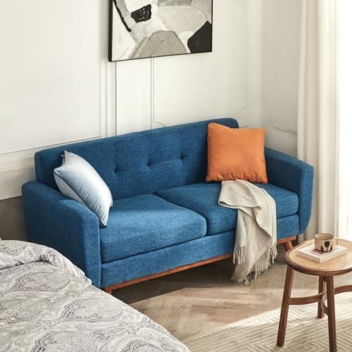 Kingfun 65.2" W Loveseat Sofa, Mid Century Modern Decor Love Seat Couches for Living Room, Button Tufted Upholstered Furniture, Solid & Easy to Install Small Couch for Bedroom Office Apartment, Blue - Thumbnail 3